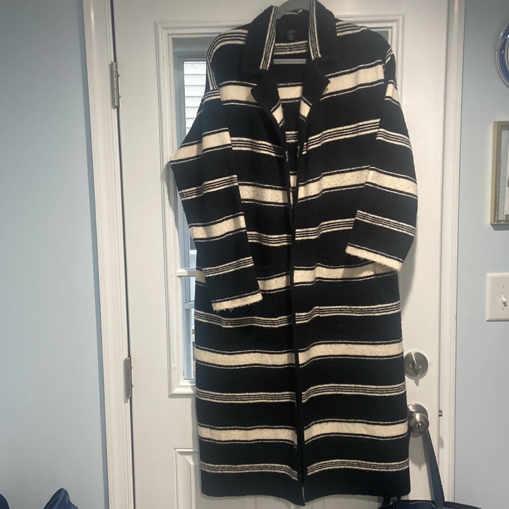 J. Crew Long Sweater Coat in Black White Stripe M/L - Picture 3 of 6